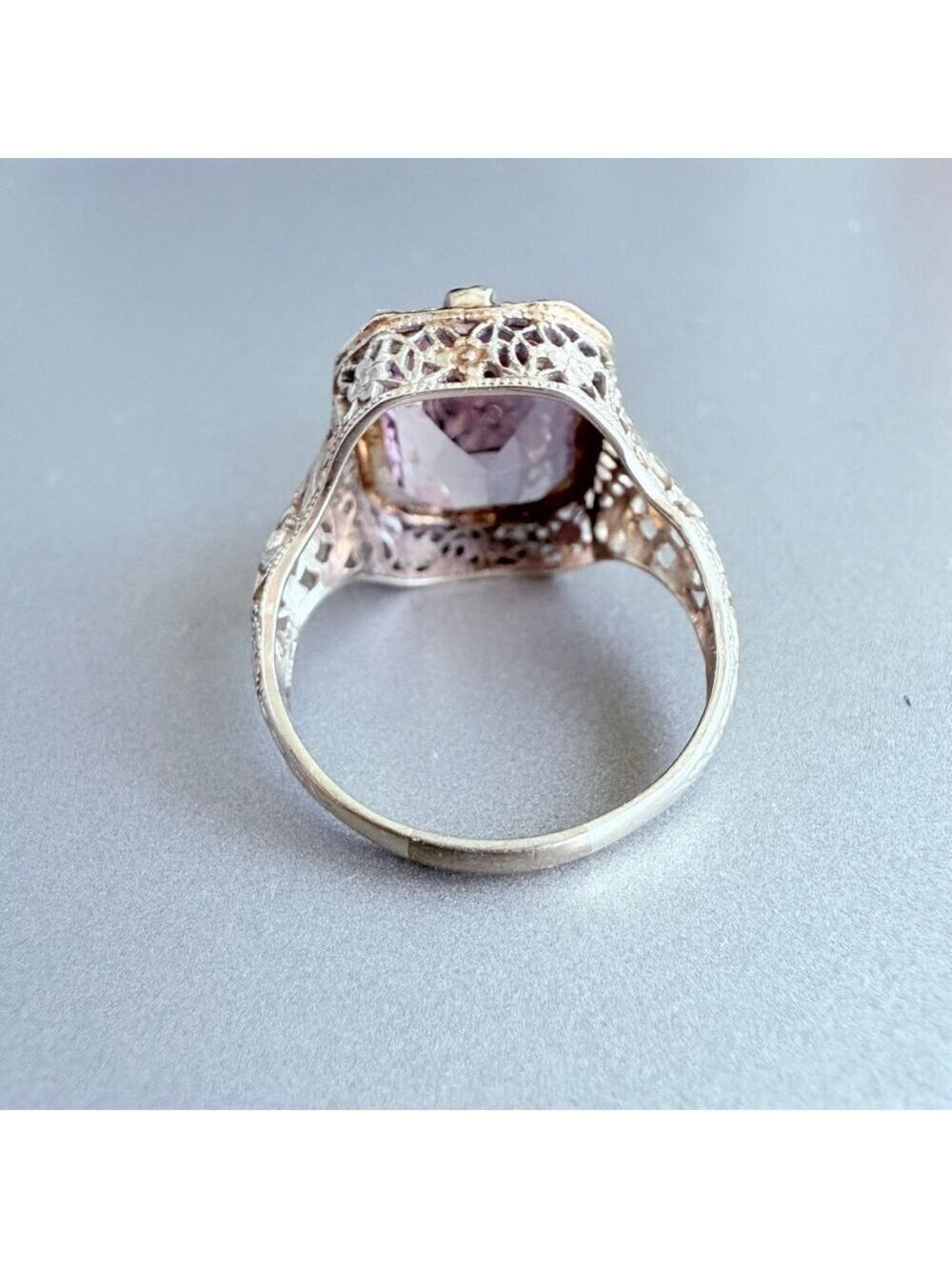 Estate 14K White Gold Antique Art Deco 5 CT Emerald Cut Amethyst Ring - Picture 10 of 13